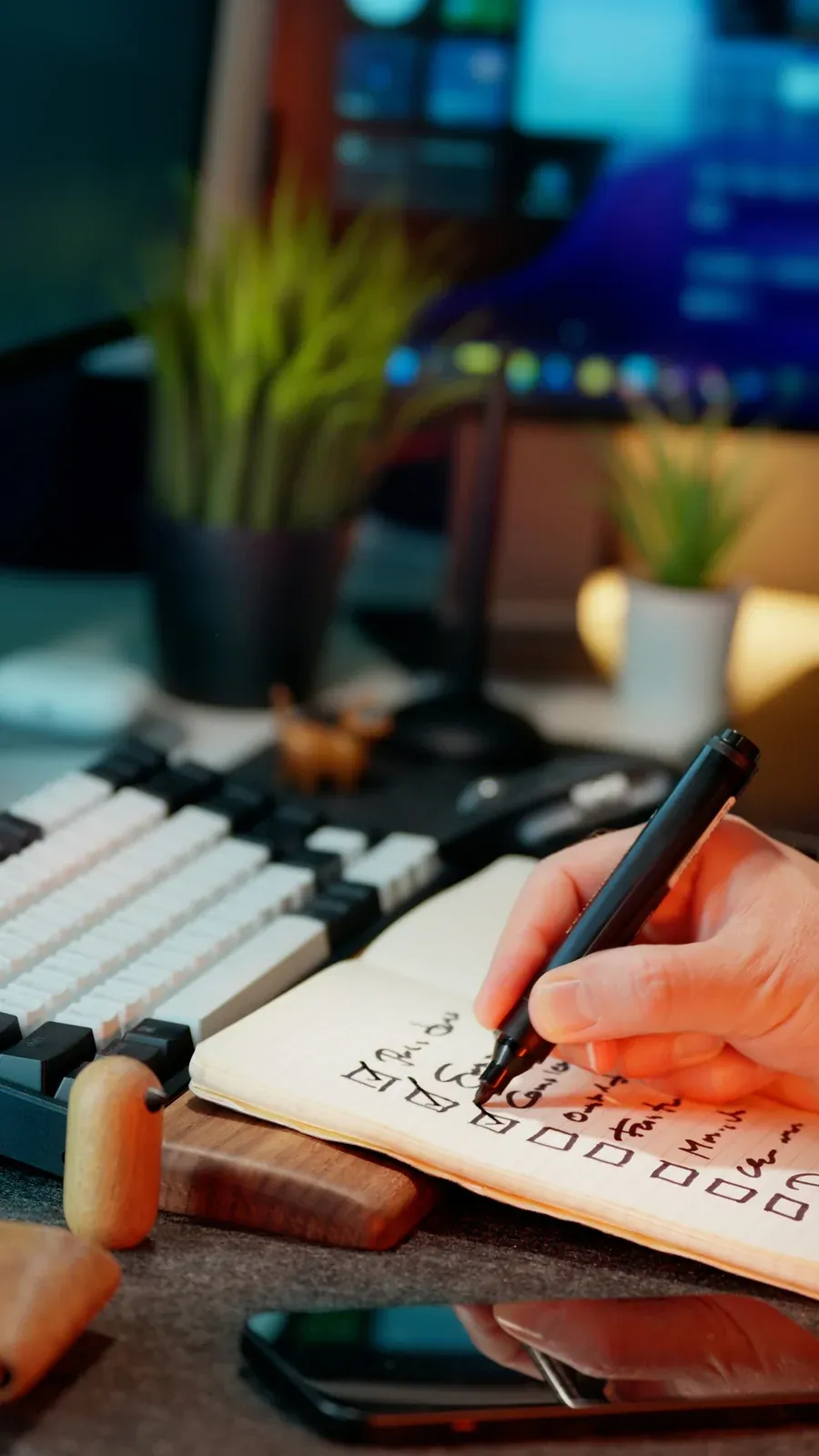 A hand ticking boxes in a checklist notebook